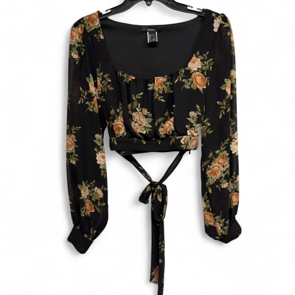 Forever 21 Floral Long Sleeve Tie-Back Crop Top - Size Small - Black/Rose - Picture 2 of 8